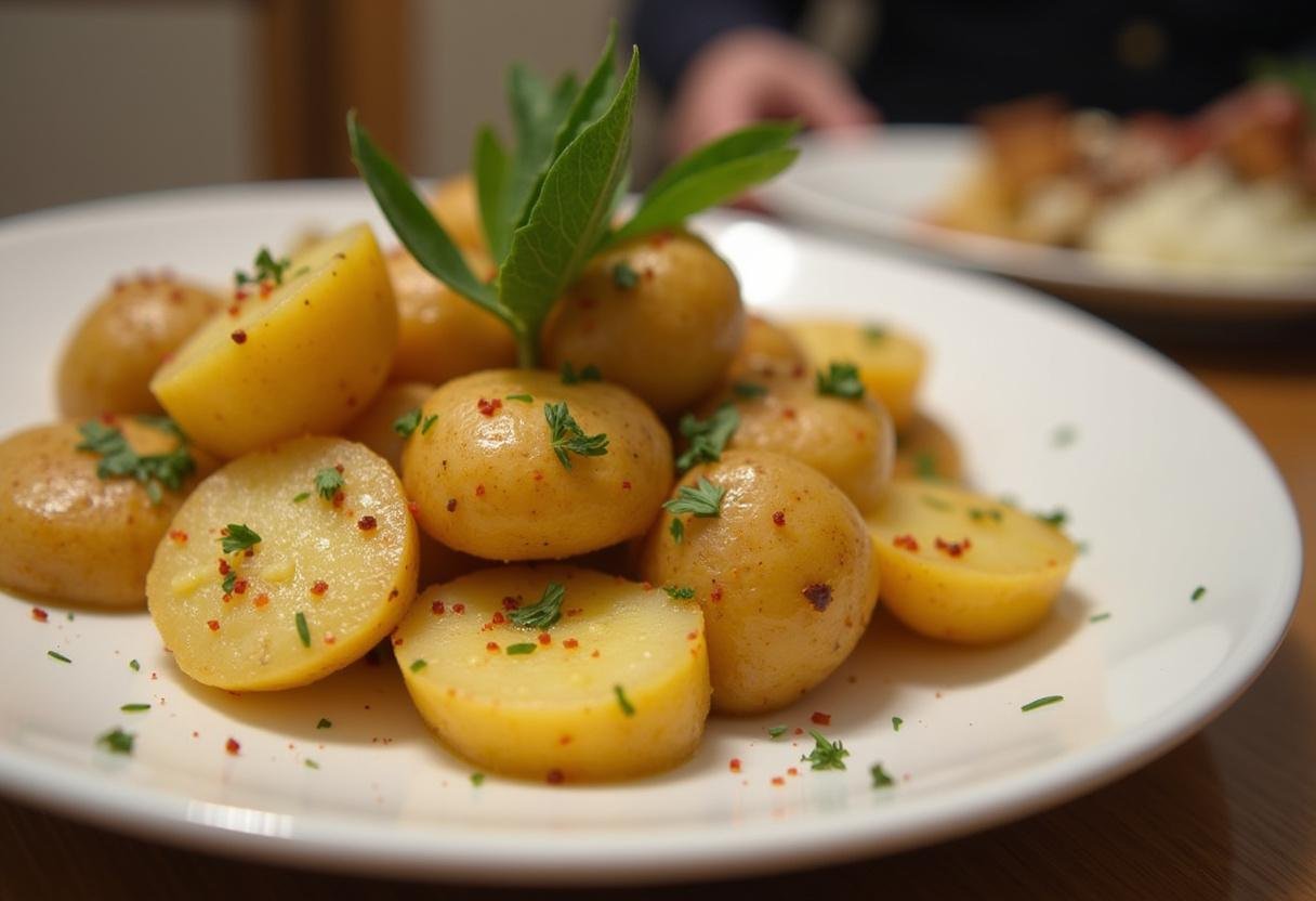 PrĂ©sentation finale de pommes de terre Ă la cocotte minute, prĂȘtes Ă ĂȘtre dĂ©gustĂ©es dans un cadre chaleureux.