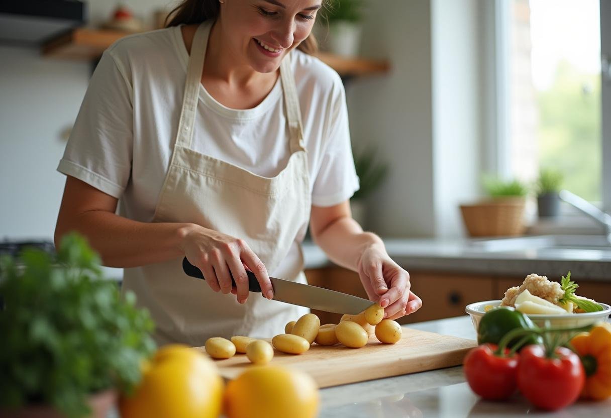 Préparation des pommes de terre à la cocotte minute avec des ingrédients frais dans une cuisine lumineuse.