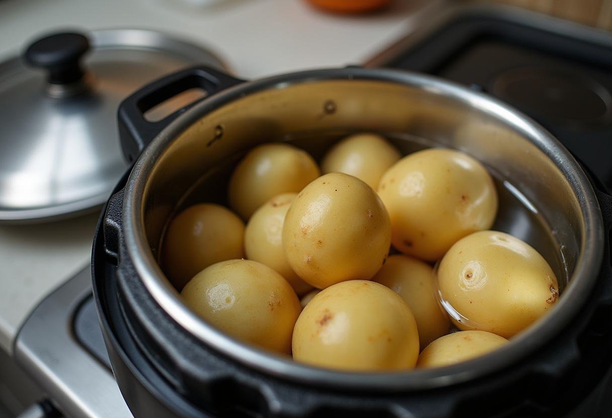 Mise en place des pommes de terre et de l'eau dans la cocotte minute pour une cuisson efficace.