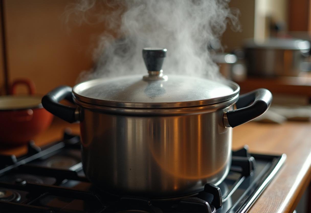 Cuisson des pommes de terre Ă la cocotte minute avec de la vapeur visible dans la cuisine.
