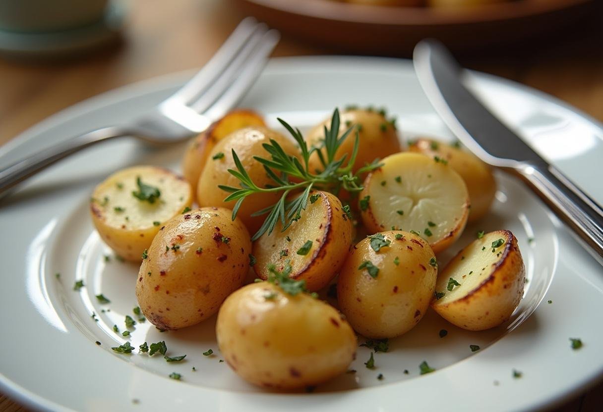 Présentation finale des pommes de terre à l'eau, délicatement assaisonnées et prêtes à être servies.