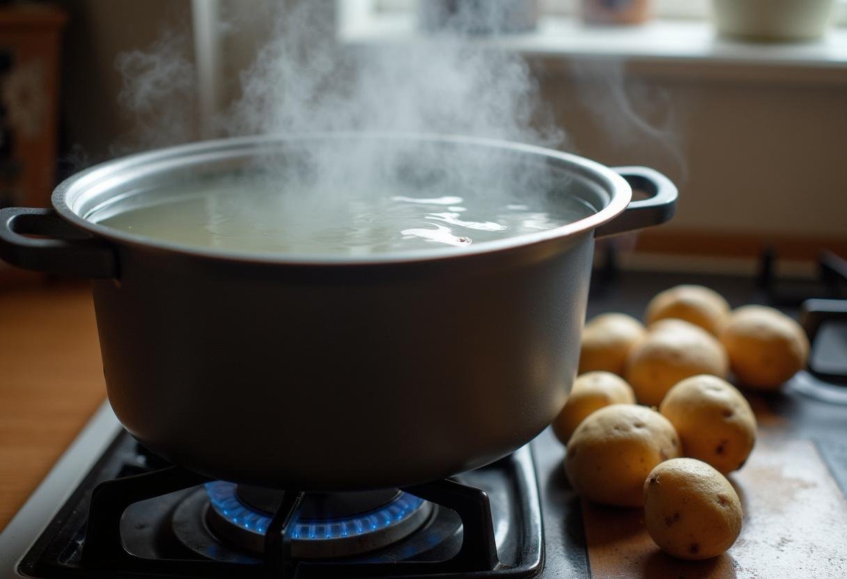 Préparation de la cuisson des pommes de terre à l'eau, montrant une casserole d'eau sur feu avec des pommes de terre à côté.