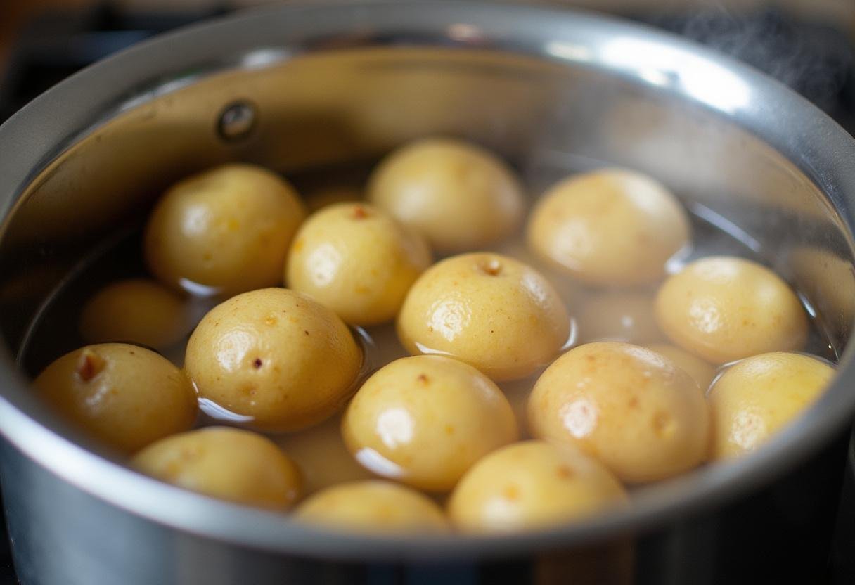 Démarrage du temps de cuisson des pommes de terre à l'eau, les pommes de terre immersées dans l'eau bouillante.