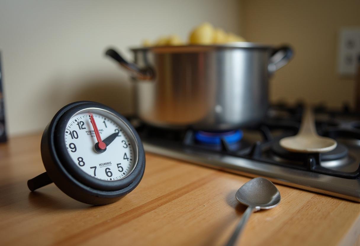 Suivi du temps de cuisson des pommes de terre à l'eau avec un minuteur en arrière-plan.