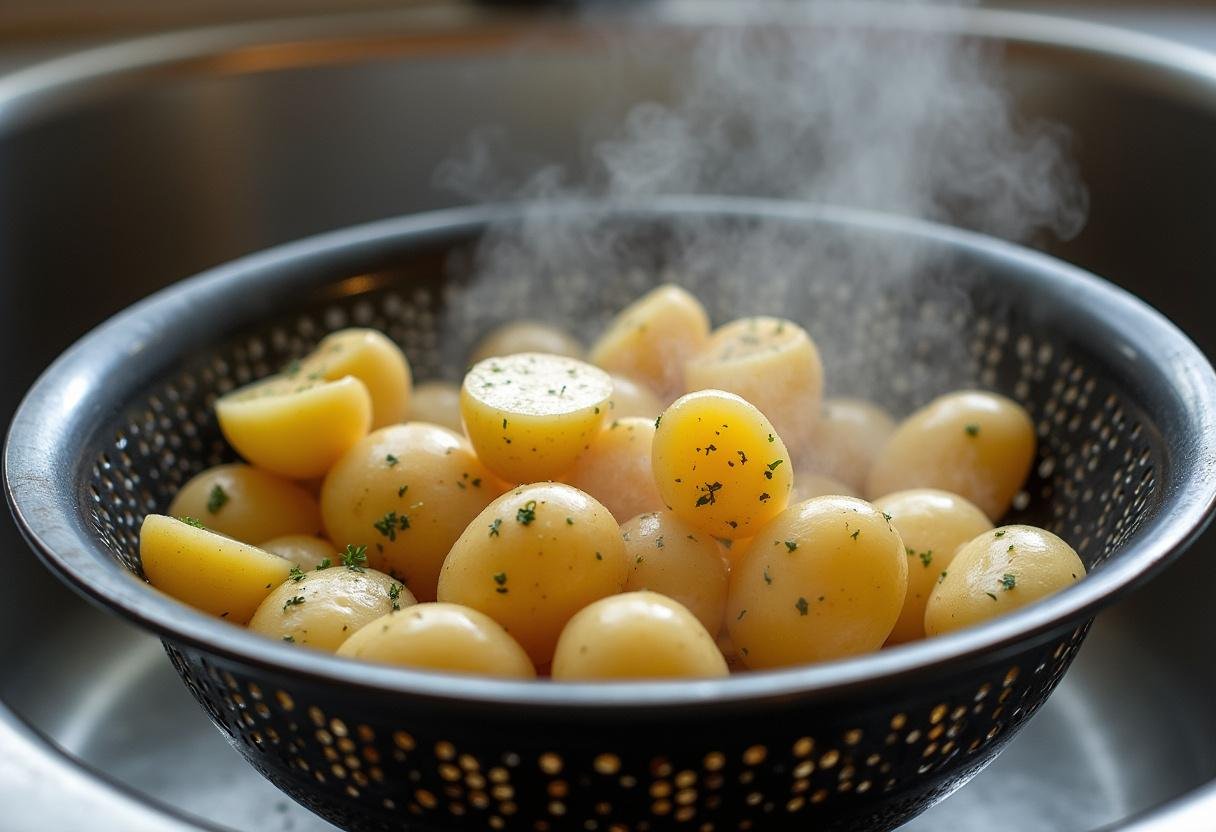 Drainage des pommes de terre après cuisson à l'eau, montrant la texture idéale.