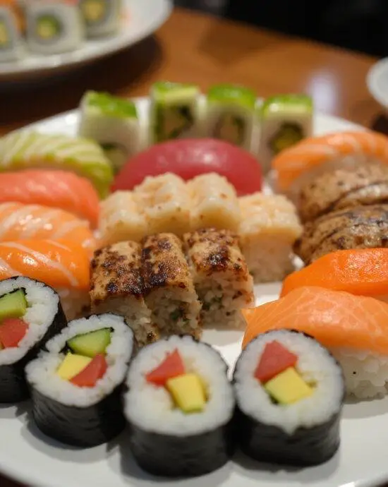 Assiette de sushis joliment présentée, faite avec des variétés de riz: sushi, noir et rouge, mettant en valeur des couleurs et textures vives.