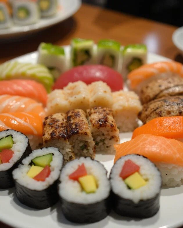 Assiette de sushis joliment présentée, faite avec des variétés de riz: sushi, noir et rouge, mettant en valeur des couleurs et textures vives.