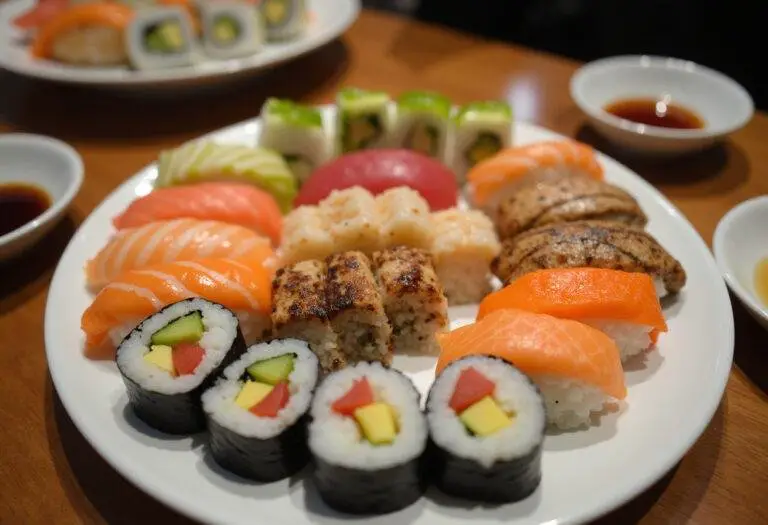 Assiette de sushis joliment présentée, faite avec des variétés de riz: sushi, noir et rouge, mettant en valeur des couleurs et textures vives.