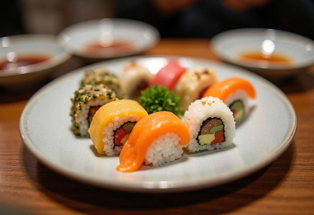 Assiette de sushis joliment présentée, faite avec des variétés de riz: sushi, noir et rouge, mettant en valeur des couleurs et textures vives.