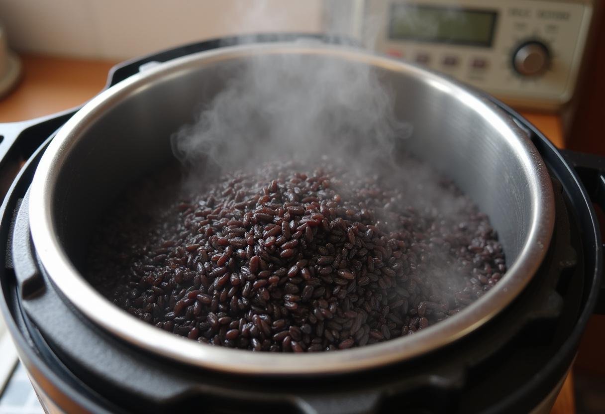 Riz noir en train de mijoter dans une casserole, de la vapeur qui s'élÚve et un minuteur sur le comptoir, soulignant une cuisson attentive.