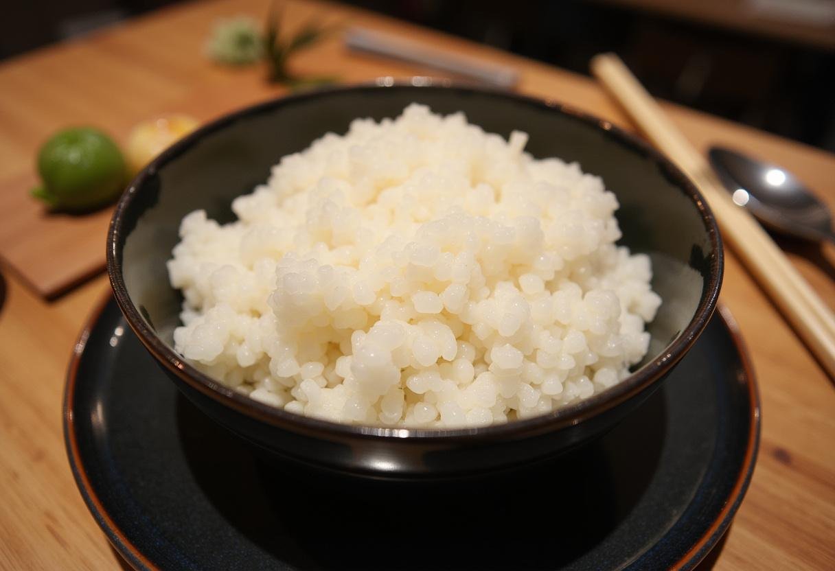Un bol de riz à sushi cuit à la perfection sur la table, avec des nori et du wasabi pour la préparation des sushis.
