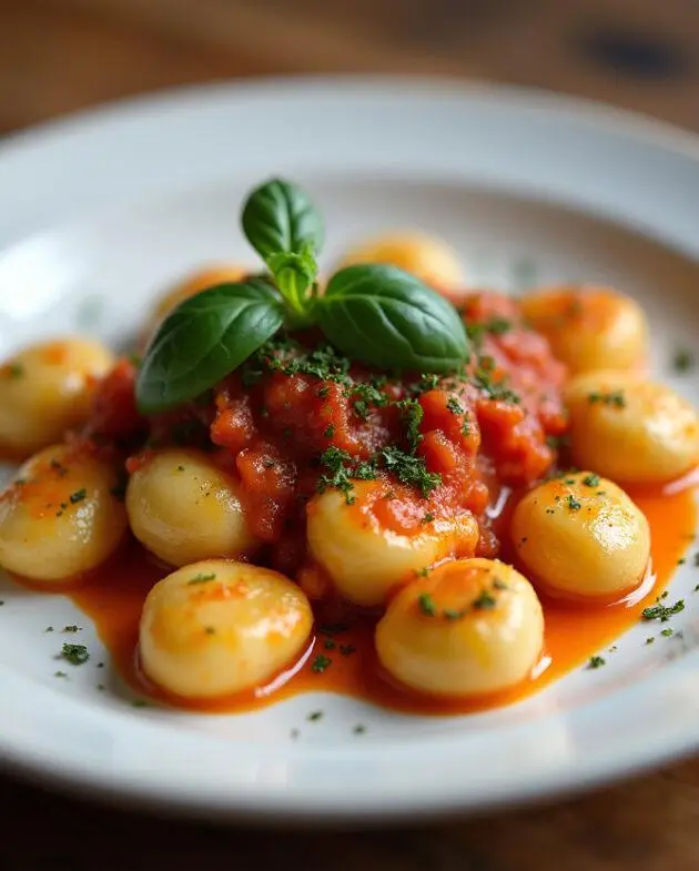 Un plat de gnocchis cuisinés, joliment décoré avec une sauce savoureuse, illustrant la cuisson parfaite des gnocchis.