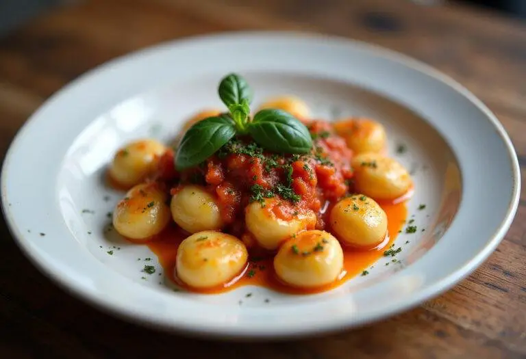 Un plat de gnocchis cuisinés, joliment décoré avec une sauce savoureuse, illustrant la cuisson parfaite des gnocchis.