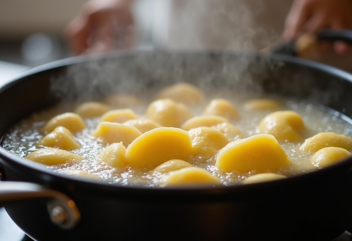 Un pot d'eau bouillante préparé pour la cuisson des gnocchis, illustrant l'étape cruciale de la cuisson des gnocchis.