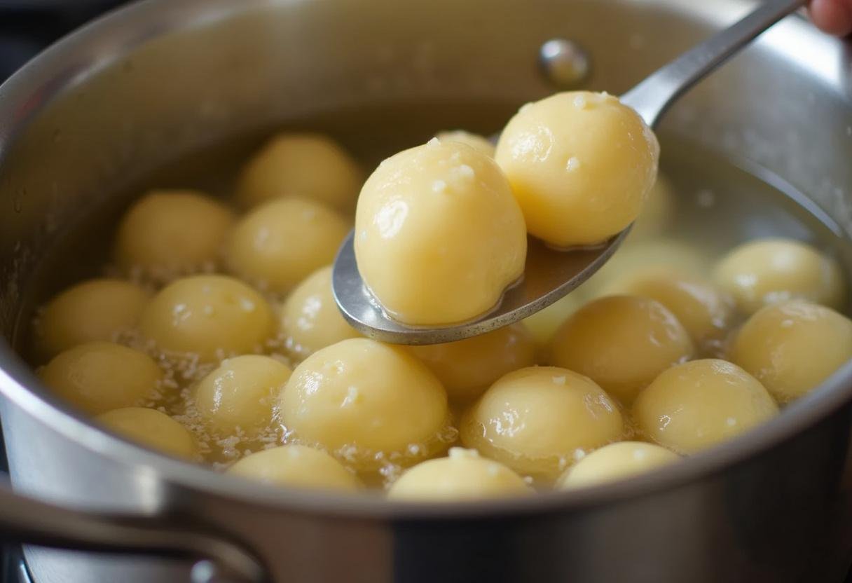 Des gnocchis délicatement immergés dans l'eau bouillante, représentant la cuisson des gnocchis avec précision.