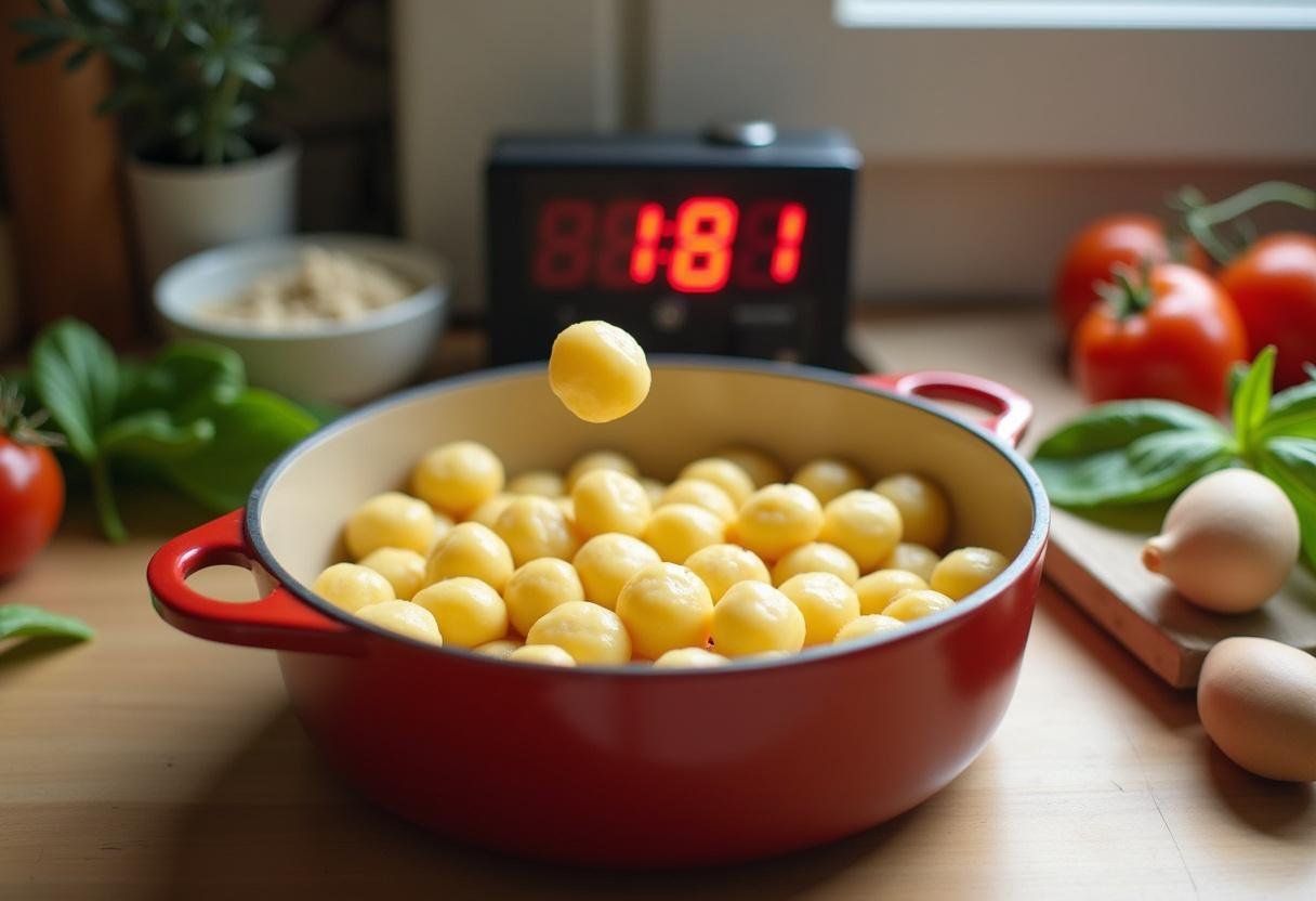 Un minuteur sur le comptoir, accompagnant la cuisson des gnocchis pendant qu'ils remontent à la surface.