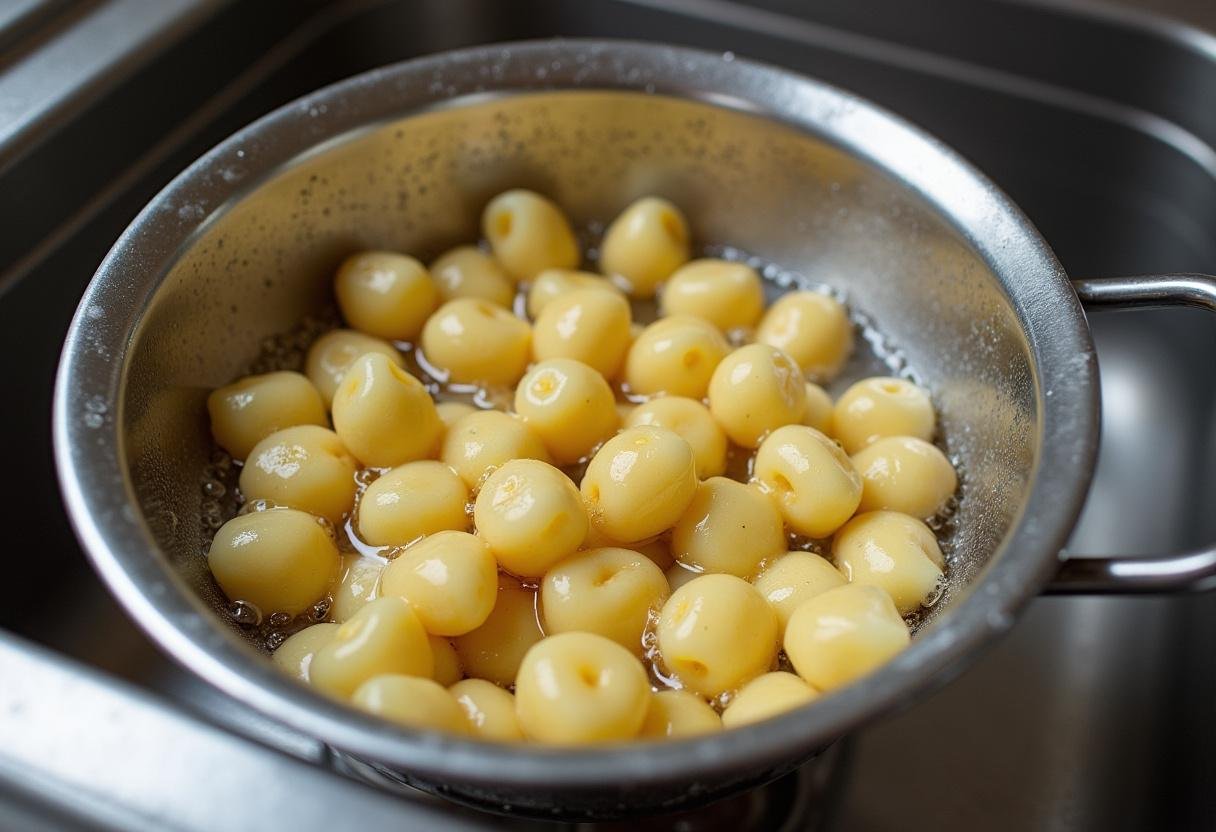Un égouttoir dans l'évier, capturant l'excitation de la fin de la cuisson des gnocchis.