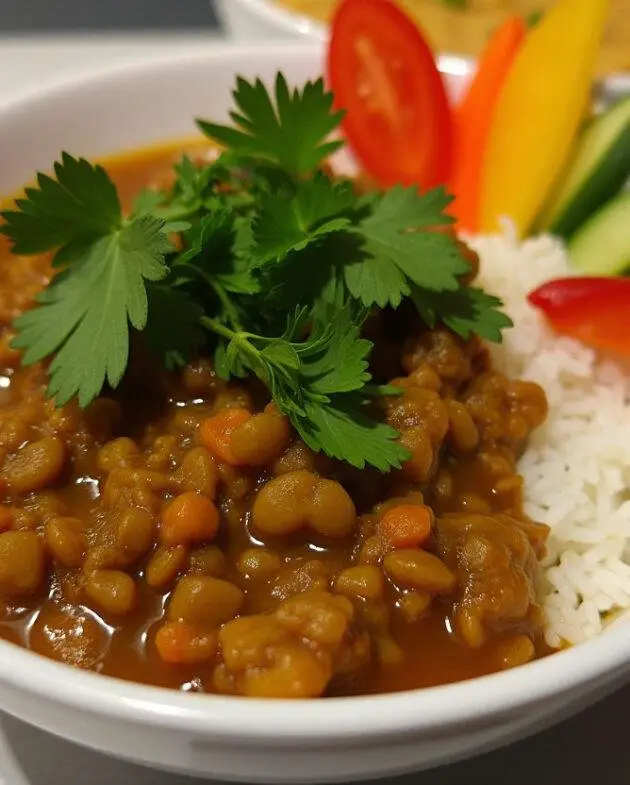 Un bol de curry de lentilles végétarien fini, servi avec du riz et orné de coriandre fraîche.