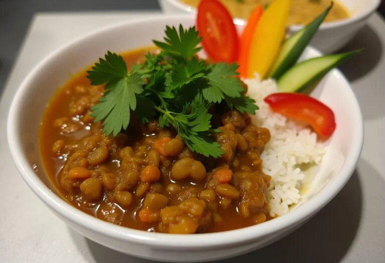 Un bol de curry de lentilles végétarien fini, servi avec du riz et orné de coriandre fraîche.