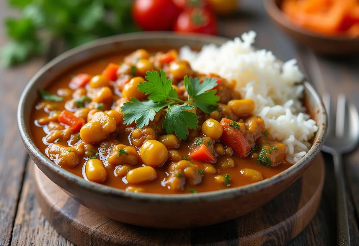 Un bol de curry de lentilles végétarien fini, servi avec du riz et orné de coriandre fraîche.
