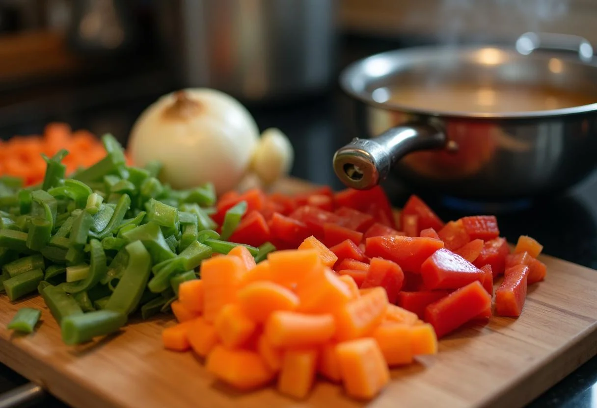 Préparation de légumes frais pour le curry de lentilles, y compris des carottes et des poivrons, sur une planche à découper.