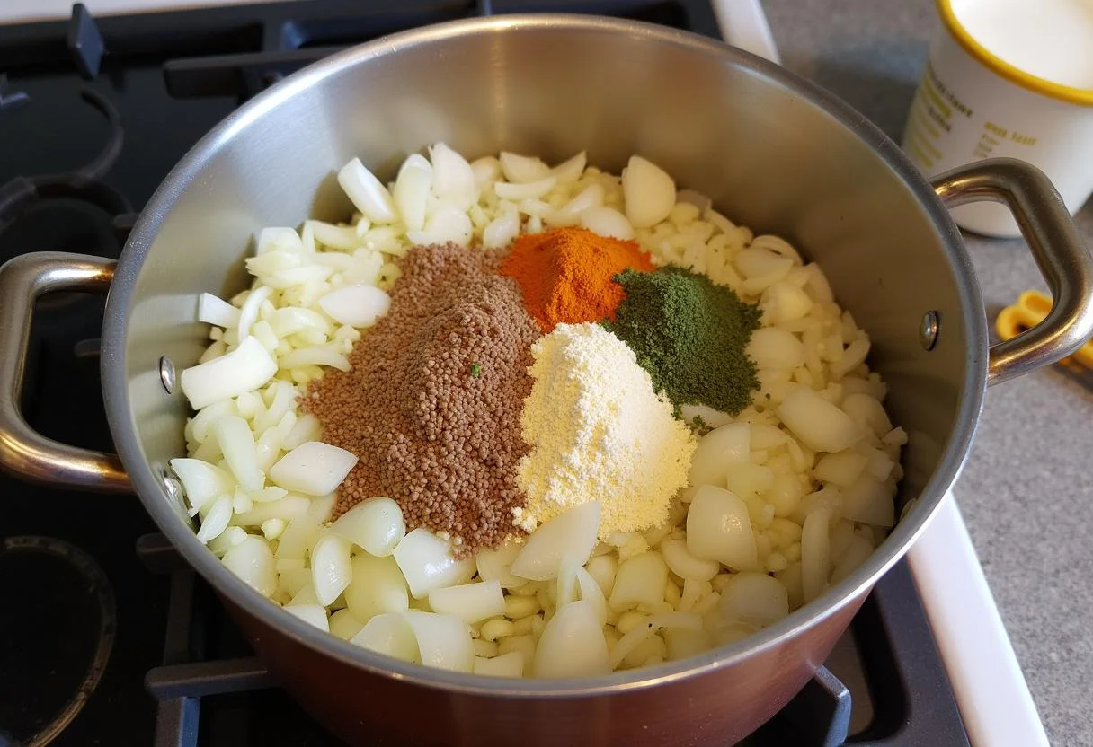 Ajout d'oignons et d'ail sautés avec des épices dans un pot pour préparer un délicieux curry de lentilles.