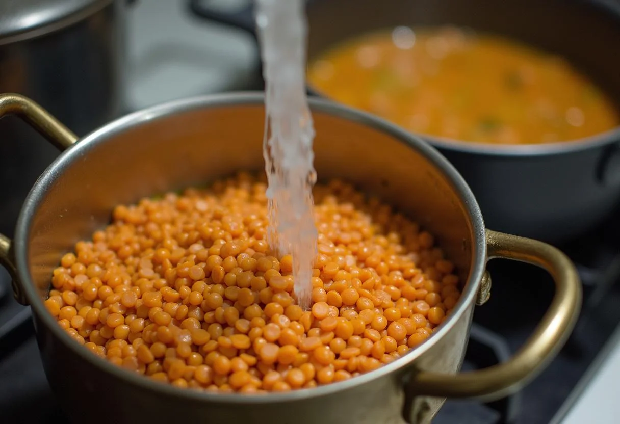 Lentilles nettoyées dans une passoire, prêtes à être ajoutées au curry de lentilles au parfum délicieux.