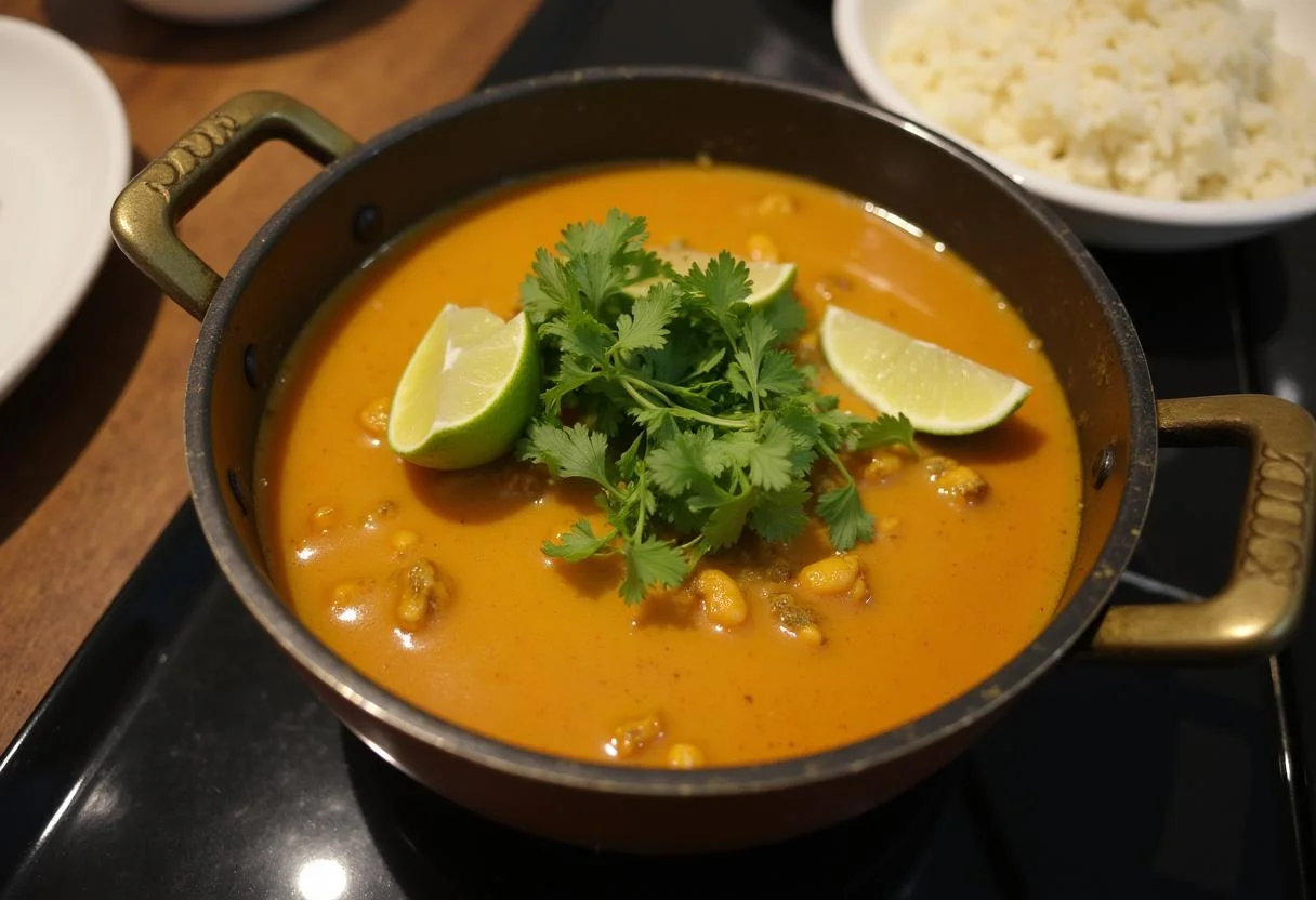 Un curry de lentilles végétarien coloré et parfumé, garni de coriandre fraîche et de quartiers de lime.