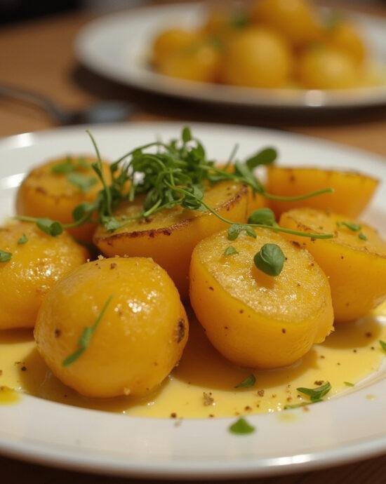 Présentation finale de différentes préparations de pommes de terre nouvelles, un plat délicieux et attrayant.