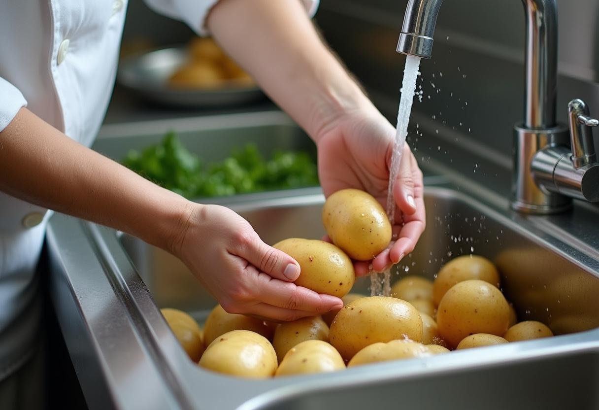 Préparation de pommes de terre nouvelles fraîchement nettoyées pour une recette savoureuse.