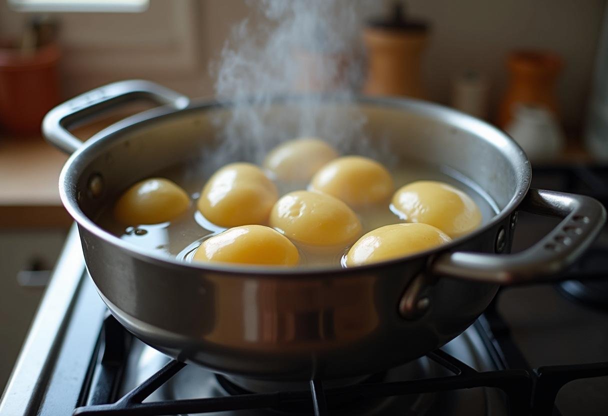 Cuisson des pommes de terre nouvelles dans une casserole, prête à devenir un plat délicieux.