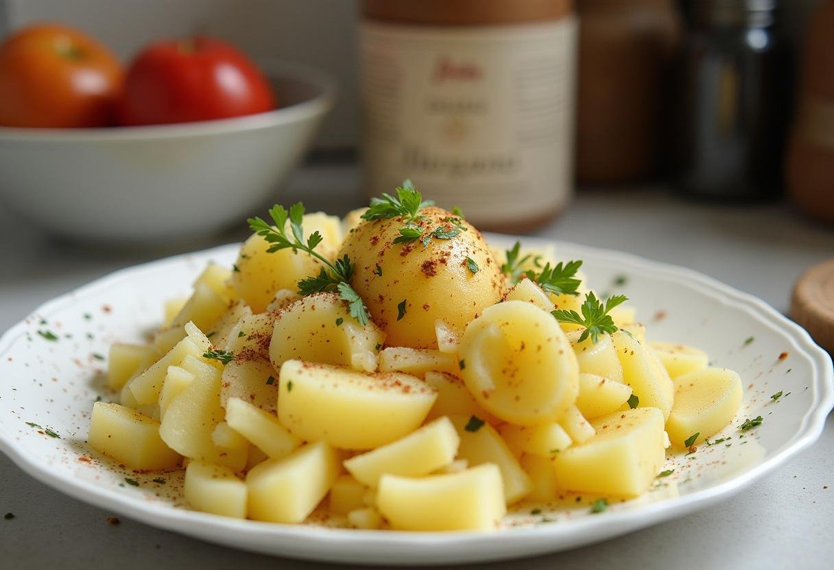 Mélange de pommes de terre râpées avec des herbes et des épices pour une préparation savoureuse.