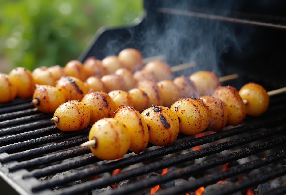 Pommes de terre barbecue cuites à la perfection sur le grill, prêtes à être dégustées.