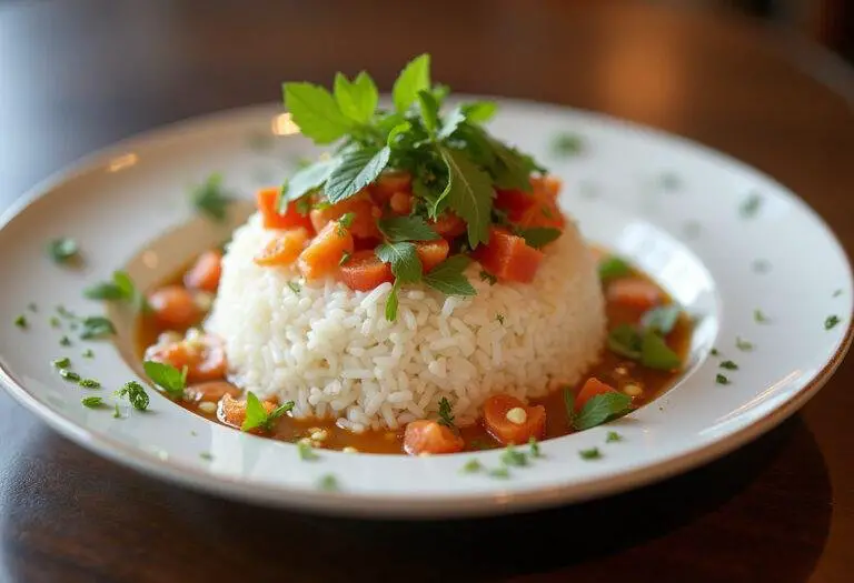 Assiette de riz parfaitement dosĂ©, accompagnĂ©e de lĂ©gumes colorĂ©s et d'herbes, prĂȘte Ă ĂȘtre servie.