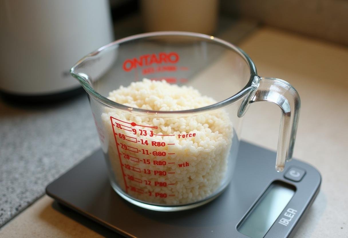Mesure du dosage de riz pour une personne avec une tasse Ă mesurer sur un plan de travail de cuisine.