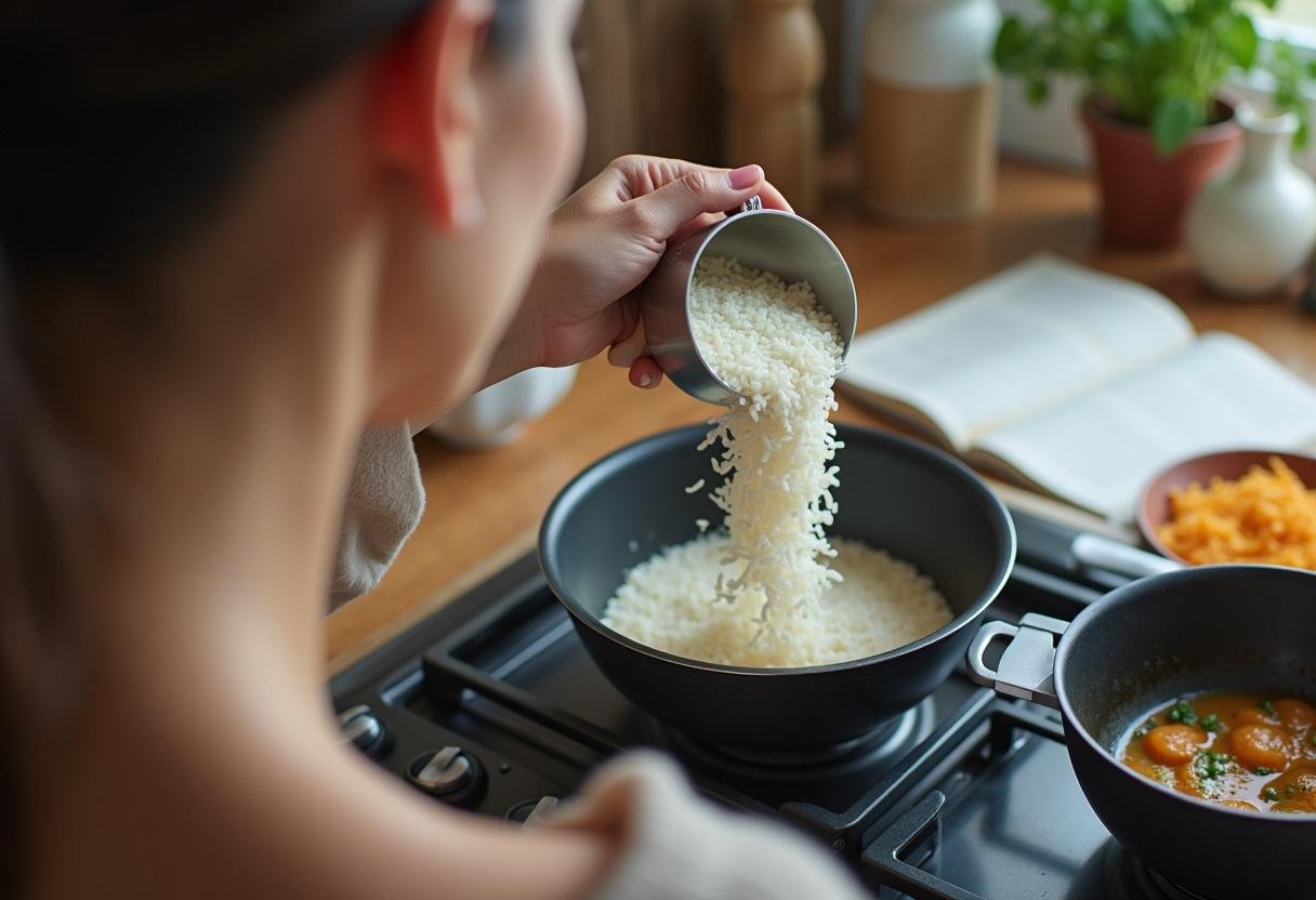 Versement du riz mesuré dans une casserole sur la cuisiniÚre pour le dosage parfait.