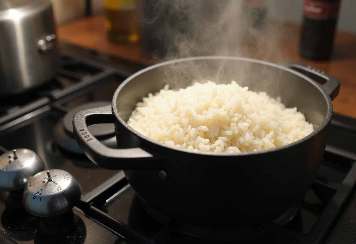 Casserole de riz en train de cuire sur la cuisiniÚre avec une minuterie, symbole d'une cuisson précise du riz.