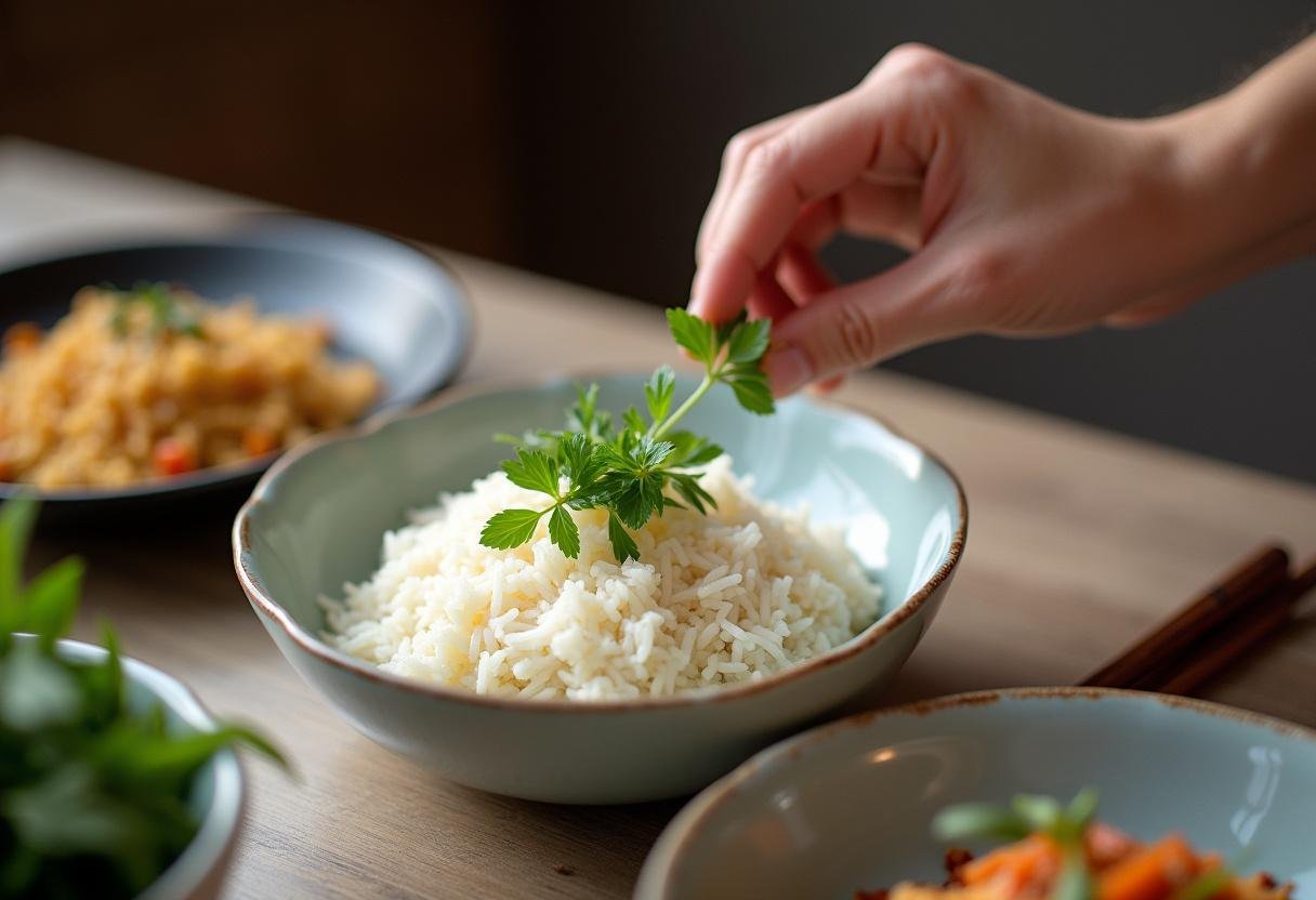 Bol de riz cuit parfaitement garni d'herbes fraßches, montrant la présentation du plat.