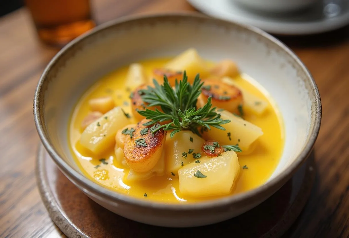 Un bol joliment présenté d'écrasé de pommes de terre, montrant une texture crémeuse et garni d'herbes fraîches, prêt à être servi pour un repas.