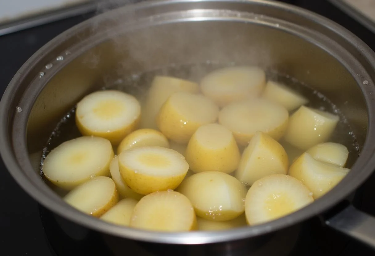 Vue de pommes de terres épluchées et coupées bouillant dans une casserole sur le feu, parfait pour l'écrasé de pommes de terre.