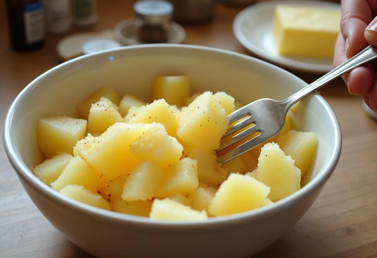 Un bol avec des pommes de terre bouillies chaudes écrasées à la fourchette, idéal pour un écrasé de pommes de terre savoureux.