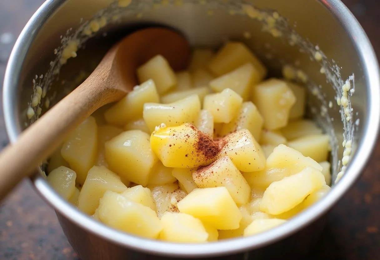 Mélange onctueux de pommes de terre écrasées dans un bol, avec du beurre fondu et des épices, parfait pour l'écrasé de pommes de terre.
