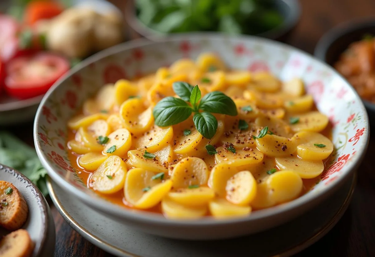 Un plat de service avec une portion généreuse d'écrasé de pommes de terre crémeux garni d'herbes fraîches, idéal pour accompagner un repas.