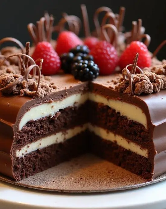 Un entremets aux 3 chocolats magnifiquement présenté avec des couches de chocolat noir, chocolat au lait et chocolat blanc décoré de copeaux de chocolat et de baies fraîches.