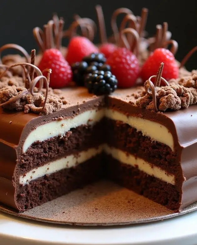 Un entremets aux 3 chocolats magnifiquement présenté avec des couches de chocolat noir, chocolat au lait et chocolat blanc décoré de copeaux de chocolat et de baies fraîches.
