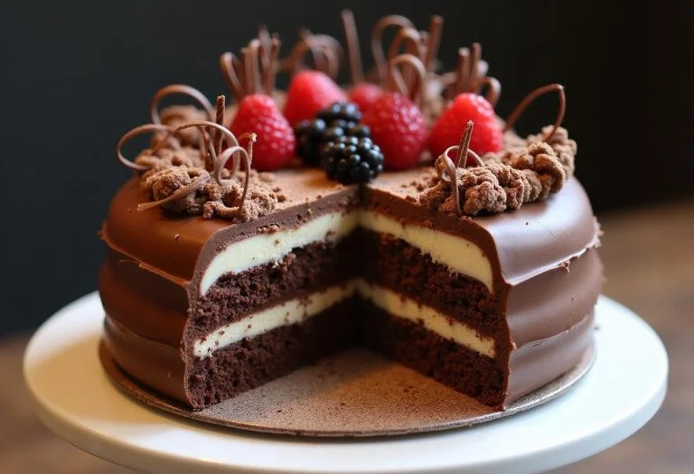 Un entremets aux 3 chocolats magnifiquement présenté avec des couches de chocolat noir, chocolat au lait et chocolat blanc décoré de copeaux de chocolat et de baies fraîches.