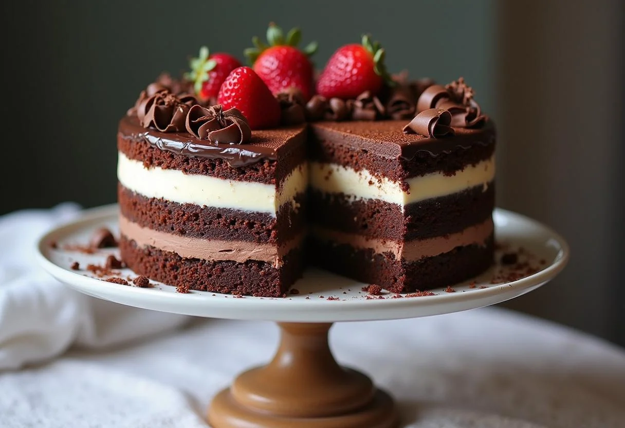 Un entremets aux 3 chocolats magnifiquement présenté avec des couches de chocolat noir, chocolat au lait et chocolat blanc décoré de copeaux de chocolat et de baies fraîches.