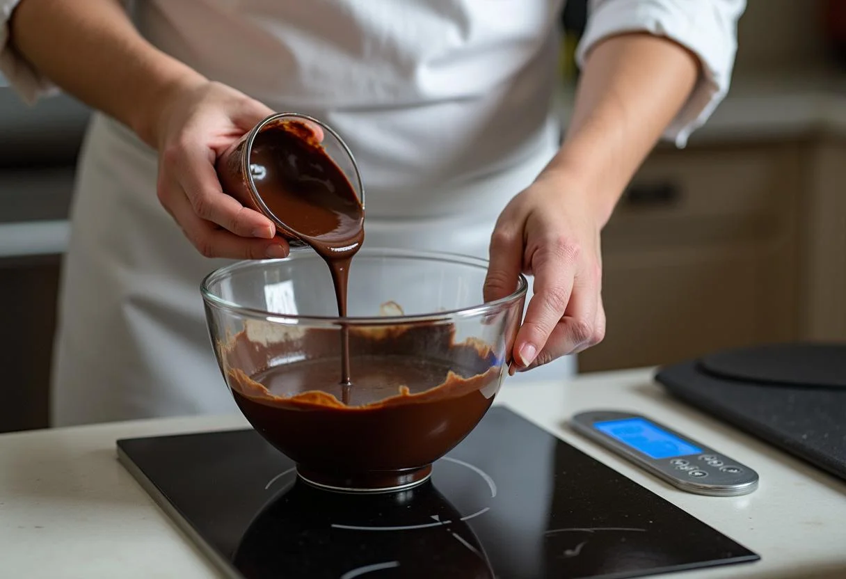 Un chef fait fondre du chocolat noir pour un entremets aux 3 chocolats, mettant en valeur une cuisine professionnelle bien organisée.
