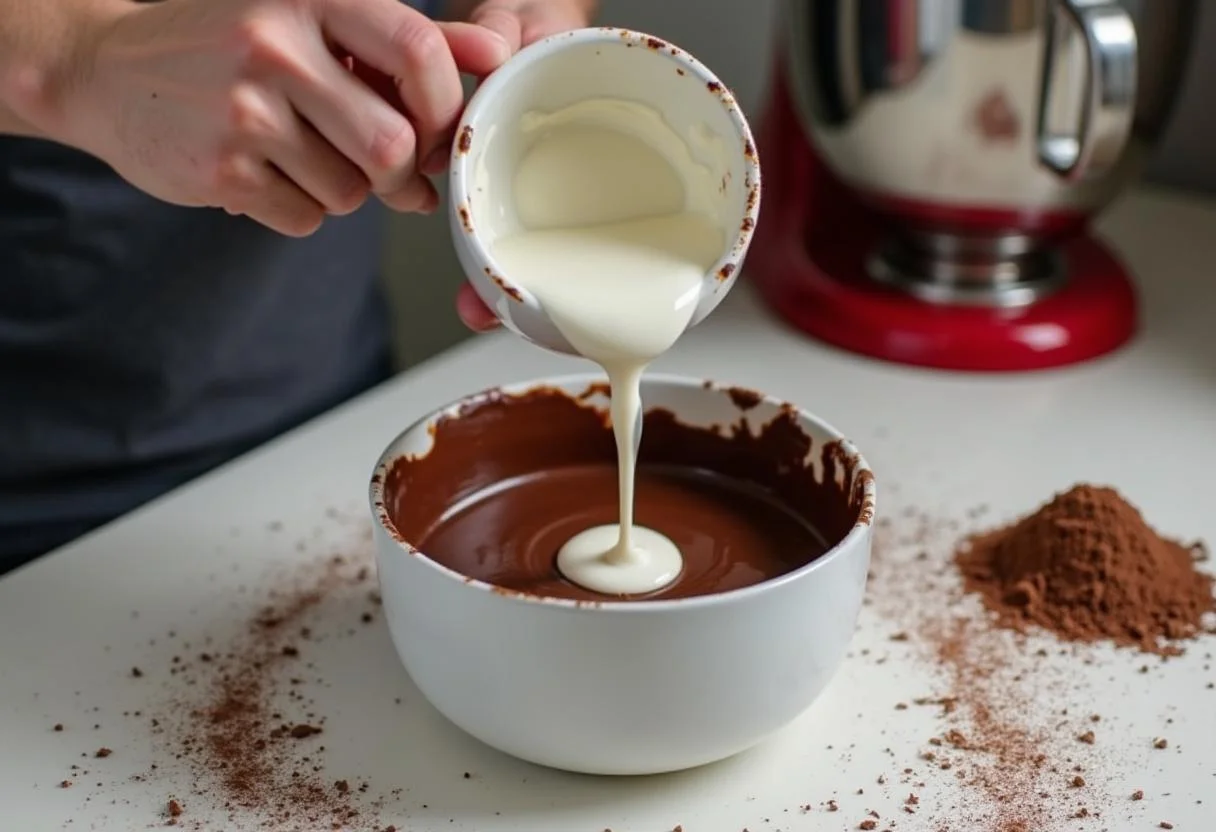 Préparation de la crème au chocolat pour l'entremets aux 3 chocolats, avec une cuisine professionnelle bien équipée en arrière-plan.