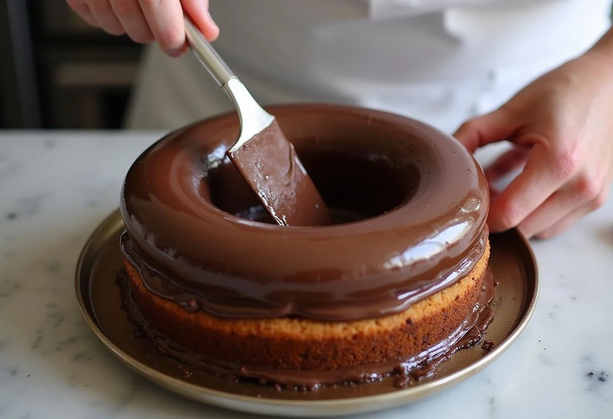 Un chef couche la crème au chocolat noir pour l'entremets aux 3 chocolats dans un cercle à pâtisserie, montrant une technique de pâtisserie précise.